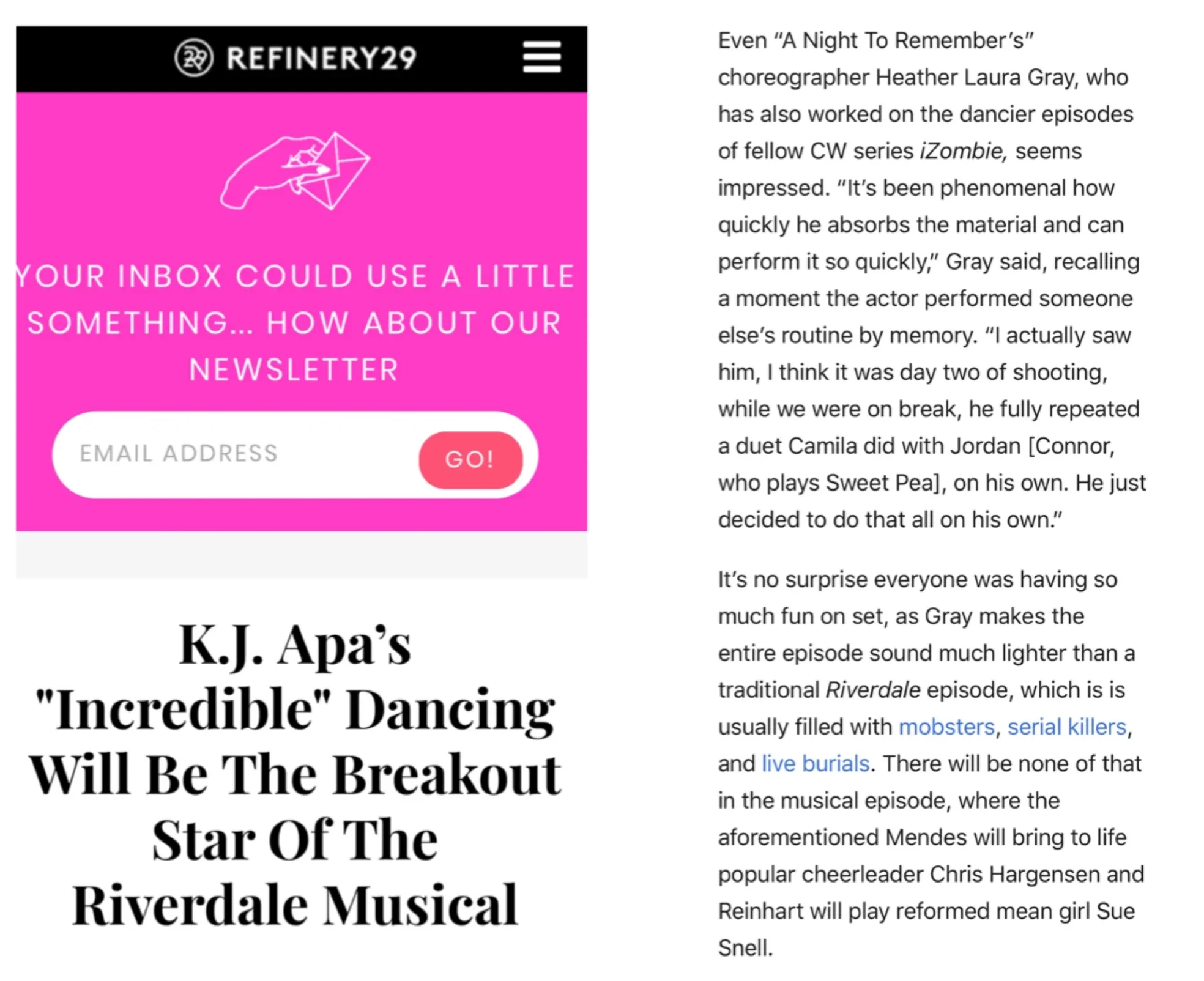 Heather Laura Gray quoted in Refinery29 — Riverdale Carrie: The Musical